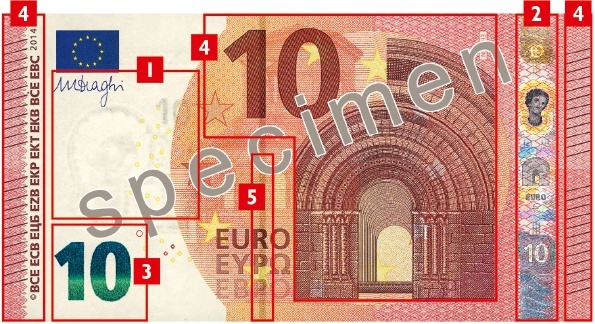 Elementos de seguridad en el nuevo billete de 10€.